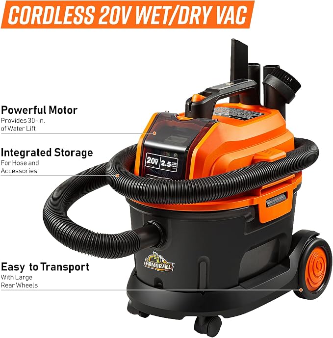 Armor All 2.5 Gallon Max 20V Cordless Wet/Dry Shop Vacuum – DAA202W 0901 | Cordless Convenience, Powerful Wet/Dry Cleanup, Built for Auto Detailing, Portable Everyday Cleaning, Grab-and-Go Design