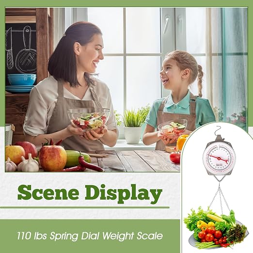 Tellegloww 1 Set 110 lbs Large Display Hanging Scale with Scale Scoop Kitchen Dial Weight Scale Silver Industrial Spring Scales for Shopping Traveling Food Produce Weighing