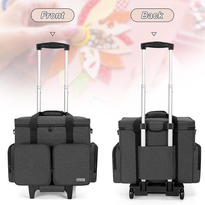 CURMIO Rolling Scrapbook Bag, Craft Bag with Wheels for Paper, Ablum, Black | Crafts Supplies Tote with Wheels, with 2 detachable zipper pouches, Removable Bottom Board, Shoulder Straps, Large Capacity