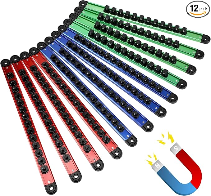 Ceenna 12 Piece Magnetic Socket Organizer Set, Heavy Duty Socket Holder, Sockets Rack Kit with 1/4-inch x 14 Clips, 3/8-inch x 14 Clips, 1/2-inch x 12 Clip, Gift for Men, Red, Blue and Green