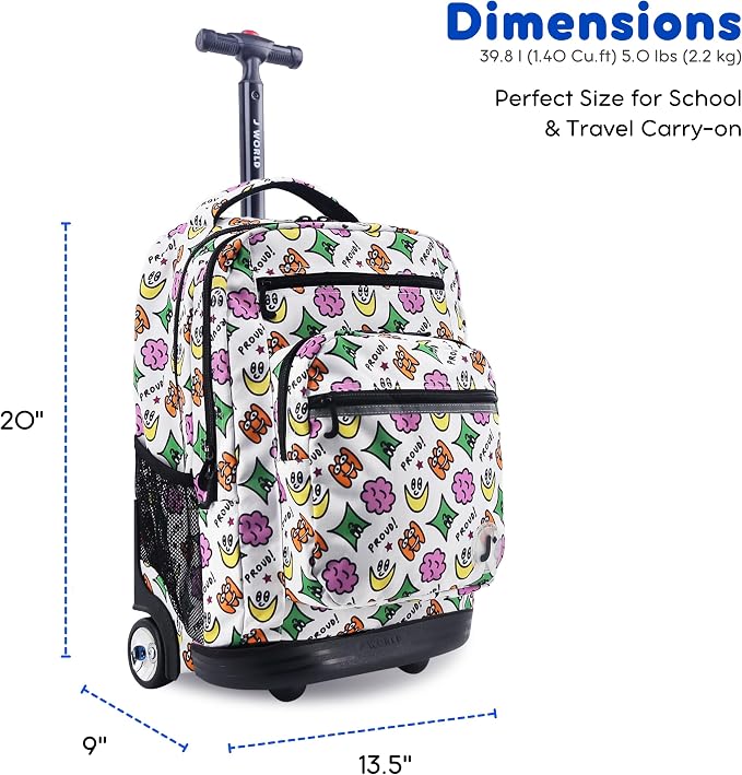 J World Sundance Laptop Rolling Backpack for Girls Boys. Roller Bookbag with Wheels, 20 Inch, Proud