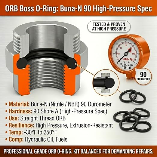 Hydraulic ORB O-Ring Kit 265-Piece, Buna-N 90 Durometer, SAE 900 Series Boss Fittings – Includes 12 Sizes (#904 to #916) w/Sizing Chart – for Hydraulic Pumps, Valves, Cylinders, Pneumatics