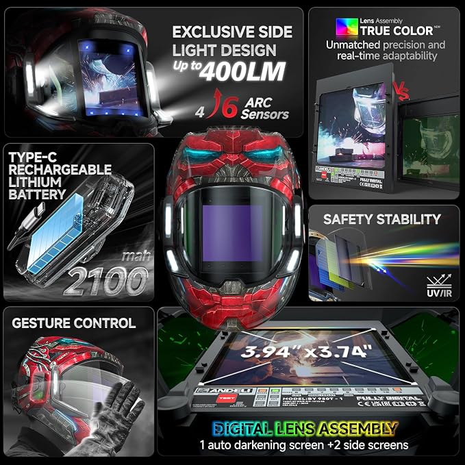 ANDELI Welding Helmet - 180° Panoramic 6 Arc Sensor True Color, Auto Darkening Welding Helmet with Light and Motion Sensing, 2100mAh Rechargeable Battery for TIG/MIG/Cut/Grind MONERRR-LED
