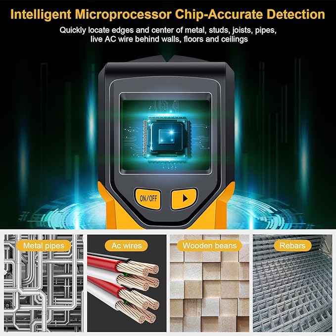 Stud Finder Wall Scanner - 5 in 1 Stud Finder Tool w/Smart Chip and HD LCD Display, Stud Detector Beam Finders for the Center and Edge of Wood AC Wire Metal Studs Joist Pipe (Yellow Feathers)