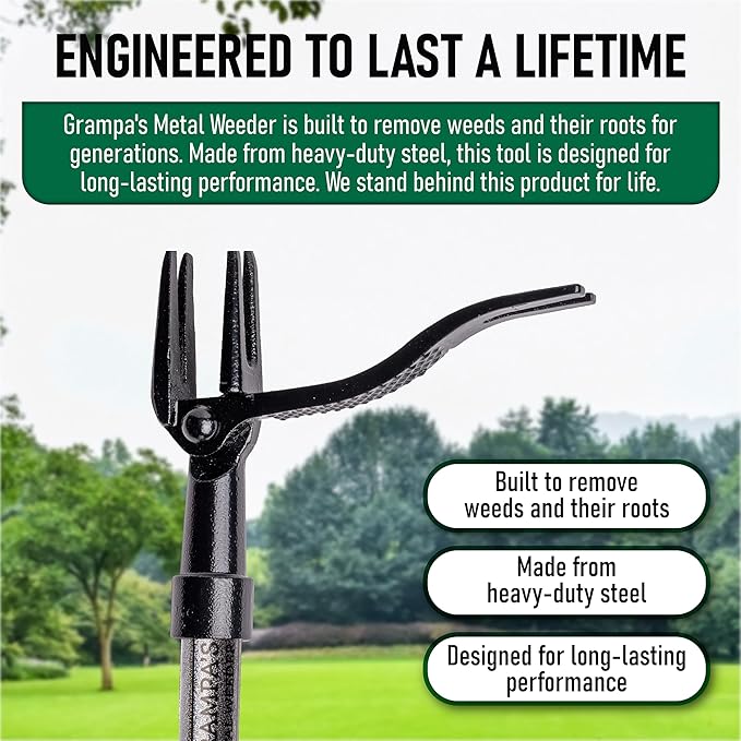 Grampa's Metal Weeder - Stand Up Weed Puller Tool with Steel Long Handle - Made with All Steel Handle & 4-Claw Steel Head - Easily Remove Weeds Without Bending, Pulling, or Kneeling (Green)