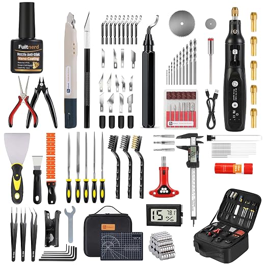 141Pcs 3D Printer Accessories with 4-Layer Slotted Case, Precision Workstation, Includes Digital Caliper, Cordless Rotary Tool, PTFE Nozzle Coating for Bambu Lab, Flashforge, Ender 3, Anycubic