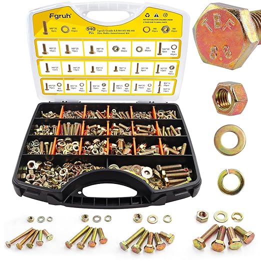 940PCS Metric Bolt and Nut Assortment Kit, M4-0.7, M5-0.8, M6-1.0, M8-1.25 Heavy Duty Hex Bolts Nuts Washers Assorted Kit, Grade 8.8 Alloy Steel Yellow Zinc Plated