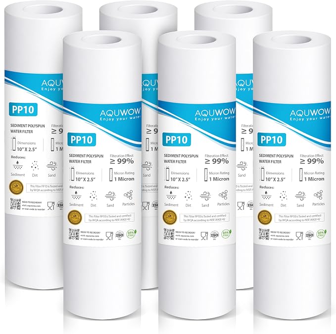 PP10 1 Micron 2.5" x 10" Polypropylene Filter Set – Replacement Cartridges for Whole House & Under-Sink Water Systems, Durable Sediment Pack (6, 10 x 2.5)