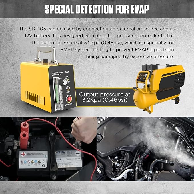 Smoke Leak Detector EVAP Smoke Machine Smoke Tester Vacuum Leaks Detector SDT103 Fuel Leak Detectors Car Pipe Leakage Tester with Adjustable Smoke FlowMeter for 12V Vehicles