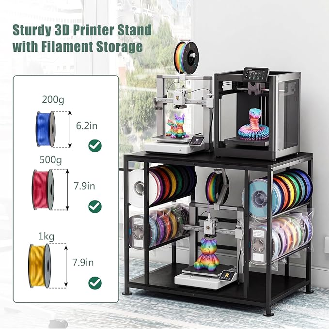 Large 3D Printer Stand with Filament Storage Heavy Duty Metal 3D Printer Table for 3 Printers Anti-Vibration Filament Storage Rack for Workshop Studio Office Black