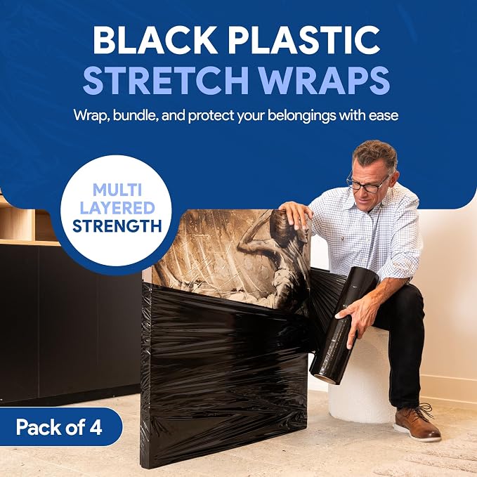 International Plastics Co. Black 18" Stretch Film/Wrap 1500 feet 7 Layers 80 Gauge Industrial Strength 800% Stretch 20 Microns Durable Adhering Packing Moving Heavy Duty Shrink Film (4 Pack, Black)