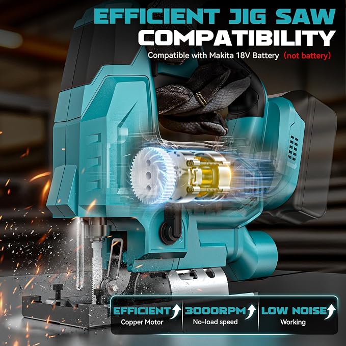 Ecarke Cordless Jig Saw Compatible With Makita 18V Battery, 4 Orbital Sets, 6 Variable Speeds Control, Dust-Blowing, ±45° Bevel Cuts, LED Light and 6PCS Blades For Straight Curve Cutting, Tool Only
