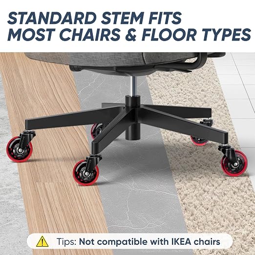TICONN Office Chair Caster Wheels Set of 5 for Tile, Hardwood Floors and Carpets, Universal Fit for Most Chairs (Red)