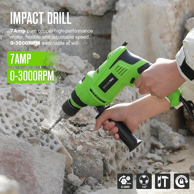 GALAX PRO 7Amp 850W 2-in-1 Hammer Drill, 0-3000 RPM, 13 mm Metal Chuck | 360° Adjustable Auxiliary Handle, Comes with 13 Accessories, Suitable for Concrete, Metal, and Wood
