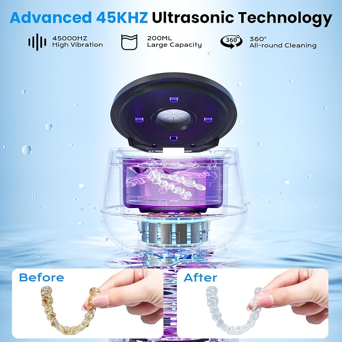 45kHz Ultrasonic Retainer Cleaner, 200ML Dental Cleaning Pod for Dentures, Mouth Guards, Braces, Aligner, Toothbrush Jewelry and More, UV Denture Cleaner with 4 Modes dental care