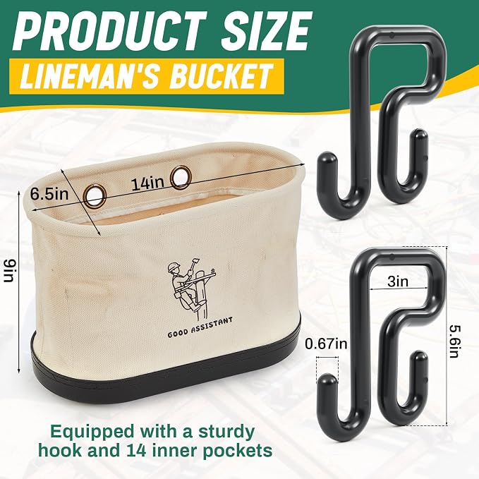 Vesici 1 Pcs White Canvas Bucket Bag Including Hooks Lineman Aerial Oval Tool Bucket with Black Polypropylene Bottom 15 Interior Pockets Tool Organizer for Industrial Maintenance Construction Sites