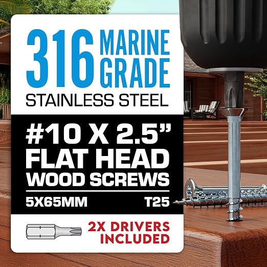 Allen's Trading Co. #10 x 2.5 Inch 316 Stainless Steel Screws Marine Grade (1500 Pack, T25 Star) | Stainless Steel Wood Screws w/Driver Bit | High Corrosion Resistance for Coastal Construction