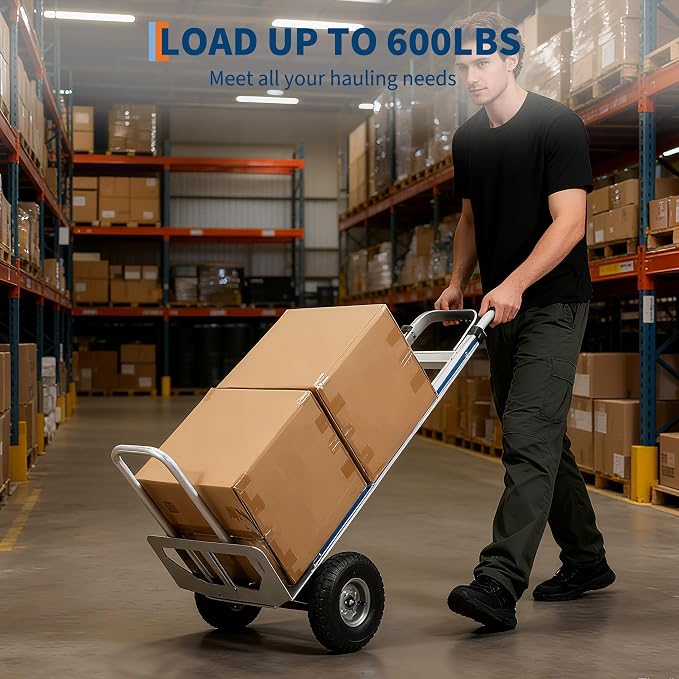 Aluminum Hand Truck Dolly Cart,600 LBS Capacity,Heavy Duty Dolly with Extendable Base Plate,10" Pneumatic Tire & 2 Elastic Cords,Platform Hand Cart for Transport & Moving in Warehouse, Supermarket