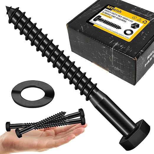 Mywish (25Sets) 1/2" x 4" Lag Bolts, 304 Stainless Steel 1/2 inch Lag Screws Bolts for Wood, Heavy Duty Hex Head with Flat Washers Bolt Kit, Black Oxided