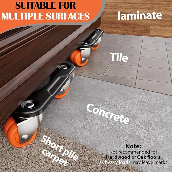 ONEON Heavy Duty Furniture Movers with Wheels Dolly with Auxiliary Lifter, All-New Upgraded Carbon Steel Panels & Dual-Wheeled Casters, Supports up to 2200 lbs (XL)