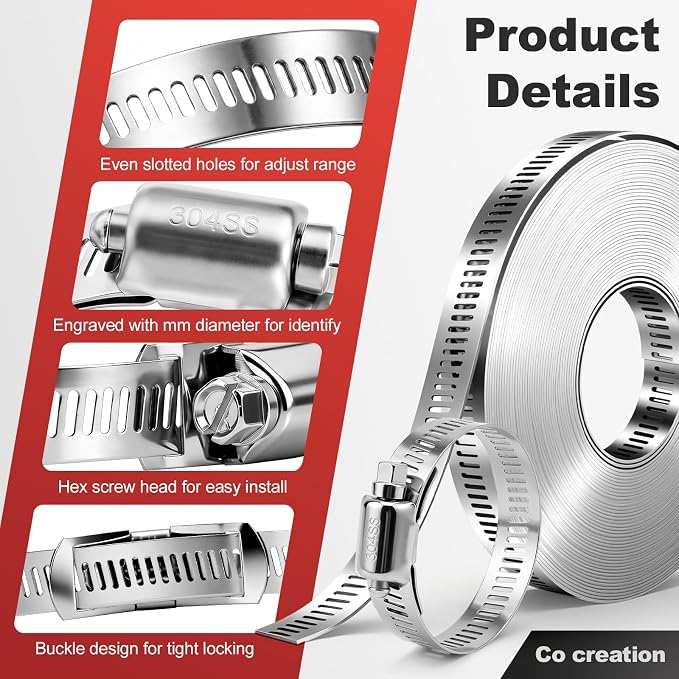 Hose Clamps Stainless Steel, Cut-To-Fit 32.81FT Metal Strap and 20 Fasteners, Worm Gear Drive Hose Clamp Metal Fuel Line Pipe Clamp for Plumbing, Automotive And Mechanical Application