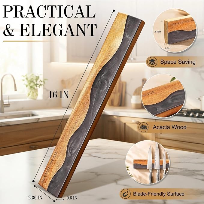 MEN WITH THE POT Magnetic Knife Strips, 16 Inch Magnetic Knife Holder for Fridge Wall, Acacia Wood & Black Resin Knife Magnetic Strip Use as Knife Bar, Knife Holder for Kitchen Utensil Organizer