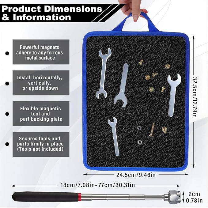Flexible Magnetic Tool Mat with handles, 12.8" x9.5" Non-Slip Magnetic Tool Organizer & &Telescoping Magnetic Tool, Magnetic Tool Mat for Mechanics, Garage, Workshop & Auto Repair(Blue)