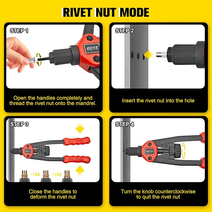 Dual Function Rivet Gun Kit Rivet Nut Tool Including 305 PCS Rivet Nuts 15 Mandrels 100 PCS Blind Rivets 5 Rivet Nozzles, Multi-Purpose