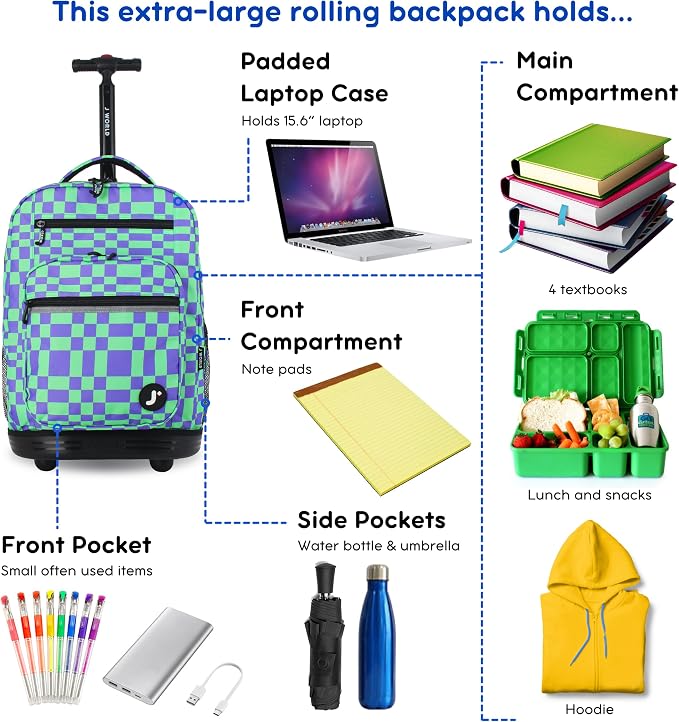 J World Sundance Laptop Rolling Backpack for Girls Boys. Roller Bookbag with Wheels, 20 Inch, Pixel Checkers