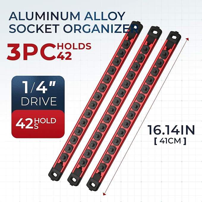 Reniteco Magnetic Socket Organizer Set, 3PC 1/4-Inch Drive Aluminum Alloy Socket Rail, Heavy Duty Magnetic Socket Holder for Tool Box Drawer, 360° Swivel Socket Rack, 1/4" x 42 Clips, Red