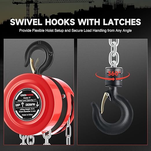 CREWORKS Hand Chain Hoist, 1 Ton 2200 lb Capacity 10 ft Manual Chain Hoist with G80 Load Chain & Galvanized Hand Chain, Heavy Duty Manual Lever Hoist for Construction Warehouse Automotive Factory