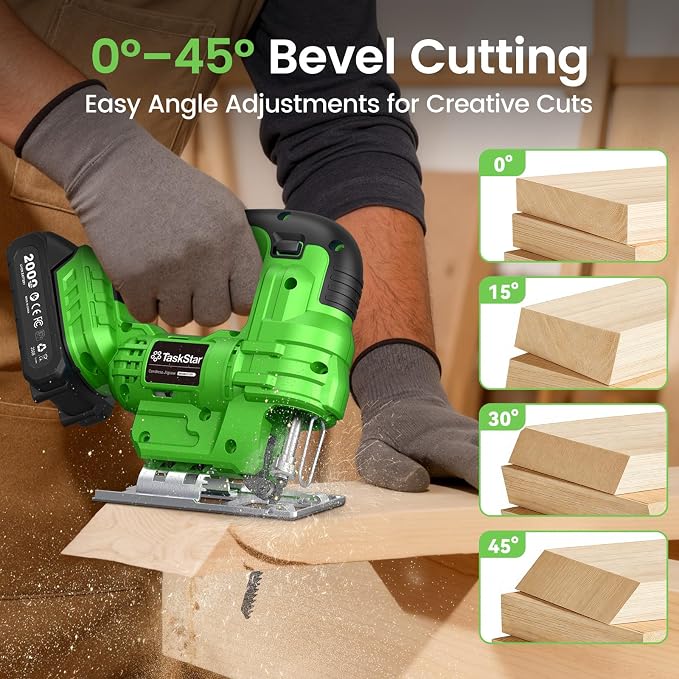 TaskStar Jig Saw - Cordless Jigsaw Saw with Batteries and Charger | Jigsaw Tool wtih 9 Blades for Wood, Metal, PVC, ±45° Bevel Cutting, 4 Orbital Actions, LED, Safety Lock, Storage Bag