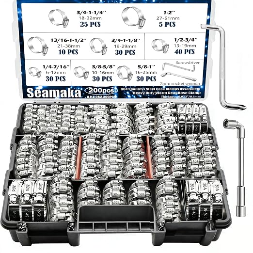 Hose Clamp Assortment 202PCS 304 Stainless Steel Hose Clamp Kit 1/4"–2"(6-51mm) Worm Gear Hose Clamps Small Hose Clamps for Automotive Radiator Pipe,Plumbing,Fuel Line