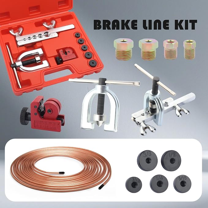 Single & Double Brake Line Flaring Tool Kit,3/16" Brake Line Kit for Most Hydraulic Braking Systems,Brakes Lines Repair Kits with 16 Brakes Lines Fittings,5 Adapters,Tubing Bender