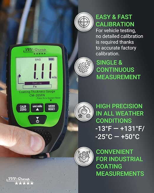 Paint Thickness Gauge CM-205FN for Cars – Digital Coating Thickness Meter, Auto Fe/NFe Detection, 0.1 μm Resolution, 0–1500 μm (0–59.1 mils), ±(3%+2 μm) Accuracy, Backlit LCD