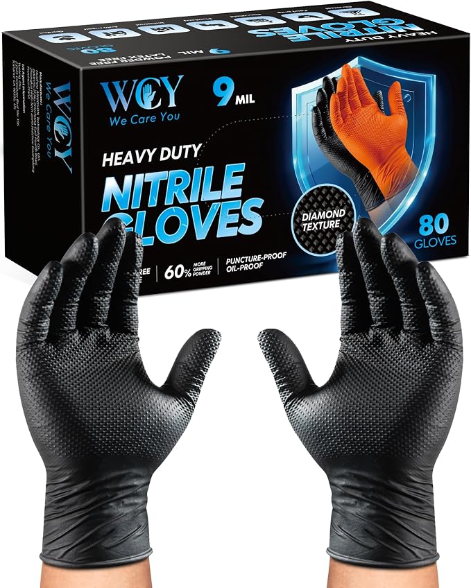 wcy 9mil Heavy Duty Disposable Nitrile Gloves, Black XLarge 80Pcs -Chemical Resistant, Latex Powder Free Rubber Gloves Diamond Texture for Automotive, Mechanics, Cooking,BBQ, Industrial Use