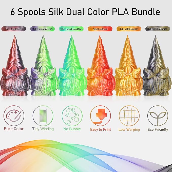 MIKA3D 6 Spools Bicolor Dual Color 1.75mm 3D Printer Filament Bundle, 3D Printing Silk PLA, Silk Black-Purple/Purple-Gold/Black-White/Black-Orange/Red-Blue/Black-Red, 3D Printing PLA 250g X 6 Spools