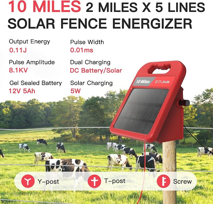 10 Mile Solar Fence Charger 0.11J Electric Fence Energizer with Day Night Mode 24-Hour Protection Red