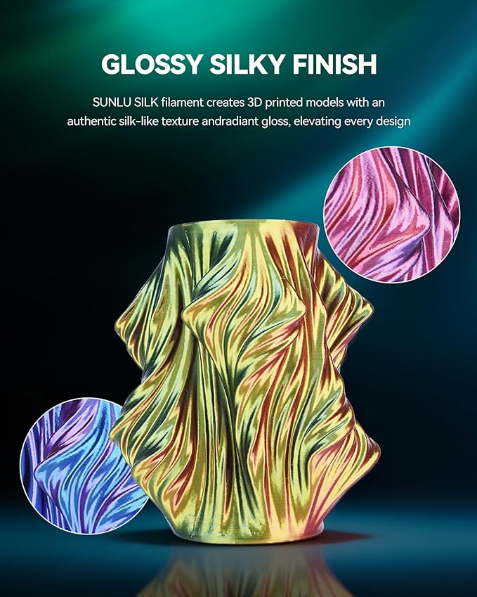 SUNLU Silk Quadruple Color PLA Filament Bundle Muticolor, Neatly Wound Shiny Silk 3D Printer Filament 1.75mm ±0.02mm, Individually Vacuum Packed, 0.25kg per Spool, 1kg in Total, 4 Pack.