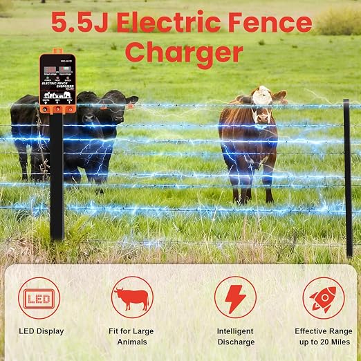 5.5J Electric Fence Charger Energizer, 5.5 Joules 10 Miles, AC DC 2 in 1 Powered Supply, Input 12V Output 8 KV or 12KV, with Display and Alarm, Contain Cattle Cow and Livestock, No Remote