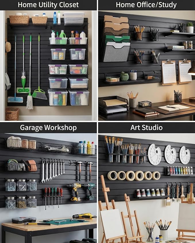 FRAYSCENT Slat Wall Paneling Garage Wall Organizer, Slatwall Panels Garage Tool Organizer Wall Mount Garage Slat Wall Storage Systems, Slat Board PVC Wall Panels (Black, 8ftx4ft with 2H Trim)