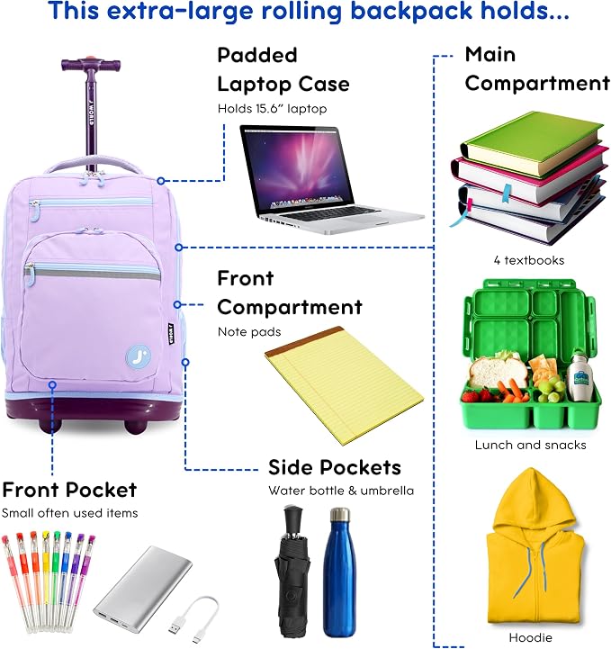 J World Sundance Laptop Rolling Backpack for Girls Boys. Roller Bookbag with Wheels, 20 Inch, Purple