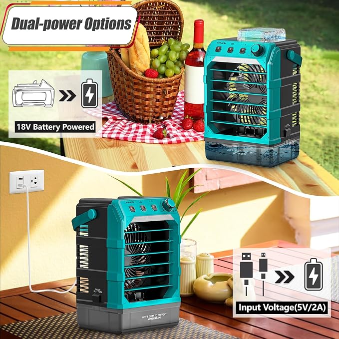 Rozlchar Portable Misting Fan Compatible for Makita 18V Battery, Jobsite Cooling Fan with 1.6L Tank, Stepless Speed & 8H Timer, LED Light, Quiet Airflow for Construction, Camping, Beach(Tool Only)