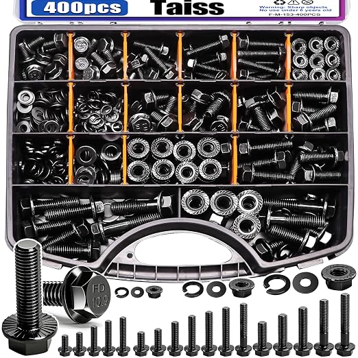 Taiss 400PCS Metric Flange Bolt Assortment Kit,M6x1.0, M8x1.25, M10x1.5 Bolts(12mm to 45mm),Hex Bolts and Nuts Washers Kit,Metric Bolt Assortment,10.9 Black Zinc Galvanized