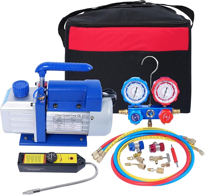 AC Manifold Gauge Set Kit 3-Way Valve, 4CFM Single Stage 110V 1/3 HP HVAC Vacuum Pump with Leak Detector for R134a R410a R12 R22 Air Conditioning Refrigeration Recharging