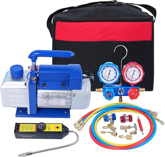 AC Manifold Gauge Set Kit 3-Way Valve, 4CFM Single Stage 110V 1/3 HP HVAC Vacuum Pump with Leak Detector for R134a R410a R12 R22 Air Conditioning Refrigeration Recharging