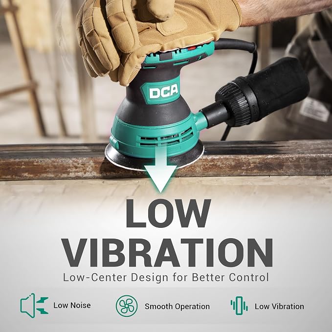 DCA Random Orbital Sander, 3.0 AMP Corded Palm Sander, 6 Speeds Max 12,000 OPM, 5-Inch with 10 pcs Sandpapers, Dust Bag, Low Vibration for Woodworking, Decoration Furniture (ASA125)