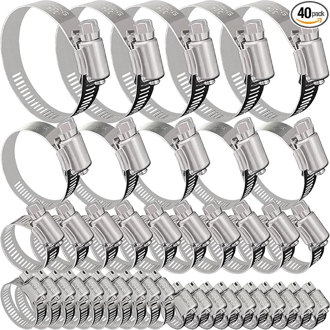 40 Pack Adjustable Stainless Steel Hose Clamps, 10-70mm Worm Gear Duct Pipe Clamp, Heavy Duty Metal Fuel Line Radiator Hose Clamps Kit for Plumbing, Automotive, Industrial, Garden, Indoor&Outdoor Use