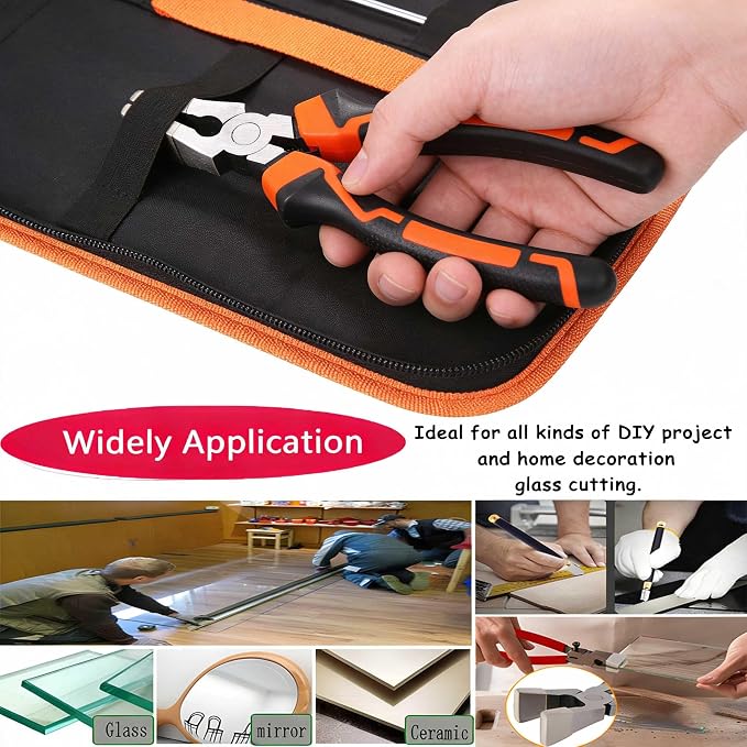 Glass Cutting Tool Kit with 8" Running Pliers with Curved Jaws, 6" Breaker Pliers, Glass Cutter 2-20mm, Replacement Blades, Screwdriver, Storage Bag for Stained Glass, Tiles, Mosaic