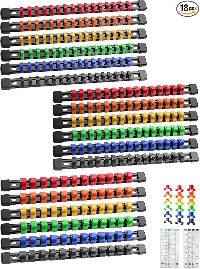 ALOANES 18PC Socket Organizer, Socket Rails Fit 1/2", 1/4" and 3/8" Drive | Portable Heavy Duty ABS Socket Holders Hold up 258 Sockets for Toolbox Drawer Bags(6 Color)